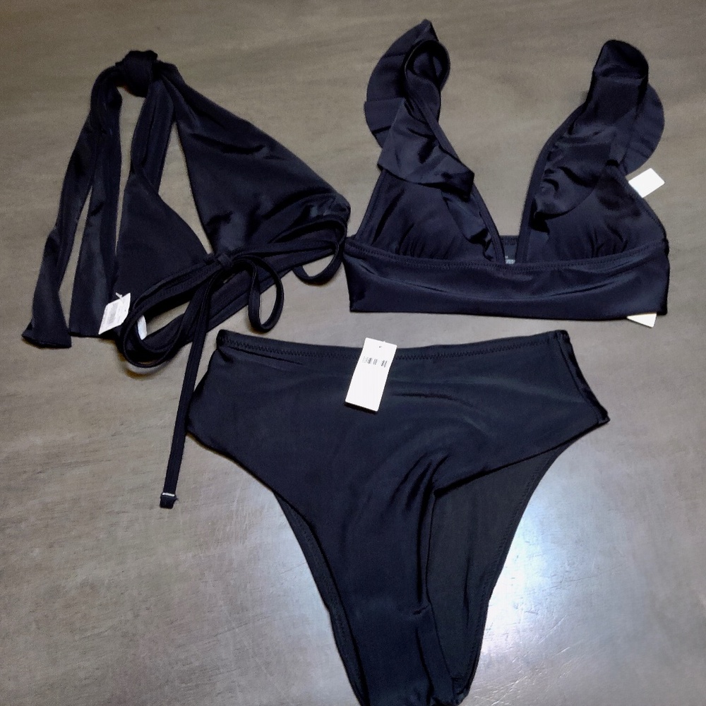 NWT Aerie 3Pc Bikini Set NeckTie Top Shoulder Ruffle Top+Bottoms Black All Sz XS
